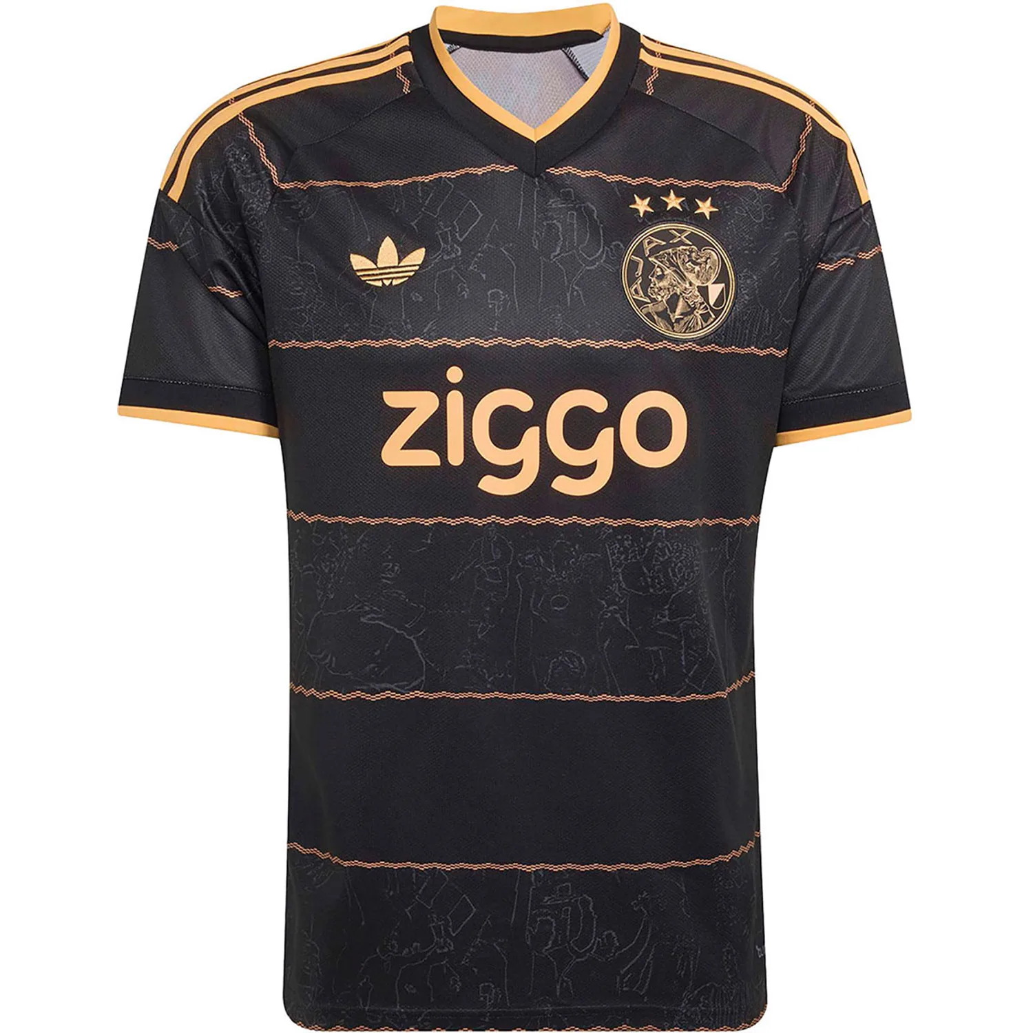 Ajax uitshirt 26/27 in zwart met oranje accenten naast het lichtblauwe derde tenue — vergelijk de kleurstelling per variant