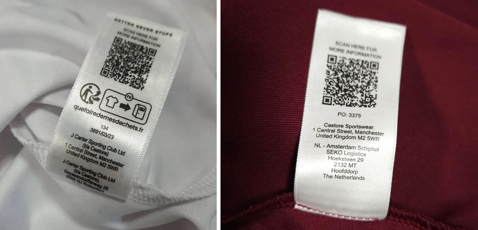 Detail van labels en productcode in een voetbalshirt