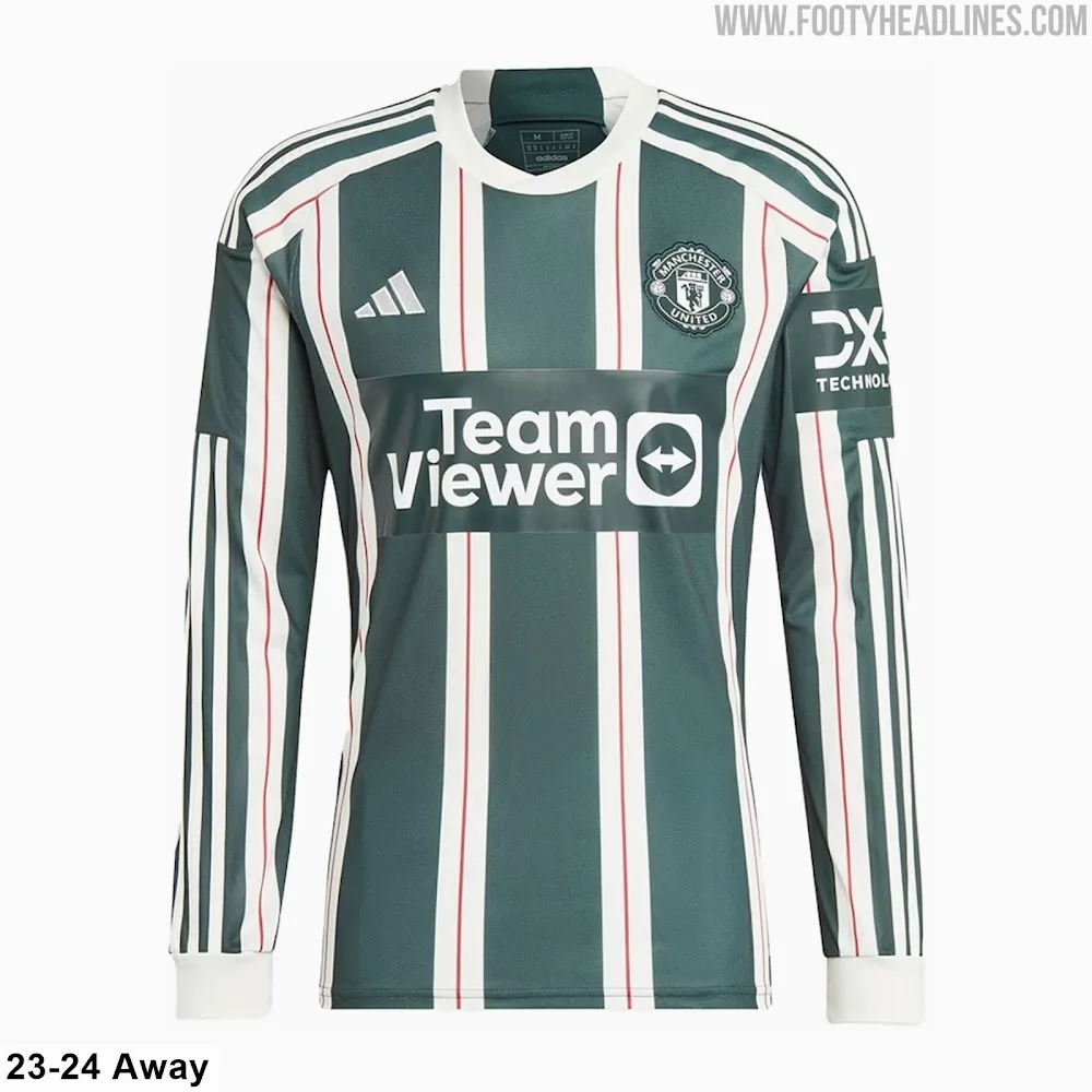 Vergelijking Manchester United derde tenue 2026-27 ivoor met 2027-28 zwart Pure Ruby lek